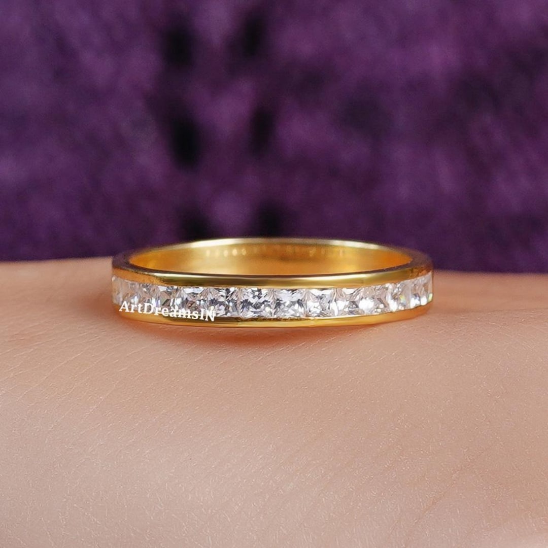 Princess Cut Moissanite Wedding Band, 14K Gold Half Eternity ...