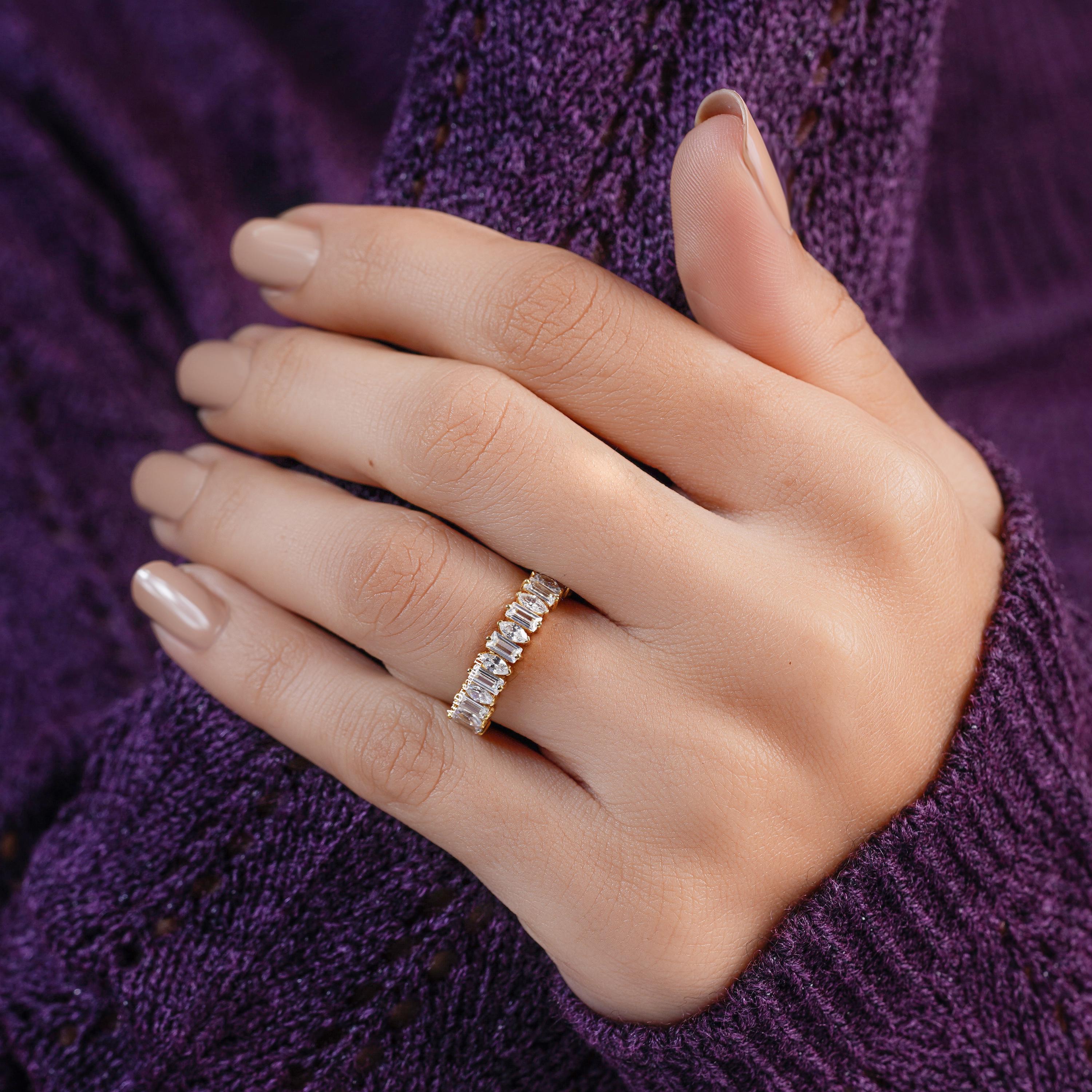 Moissanite Half Eternity Wedding Band, 14K Gold Marquise Baguette Ring ...