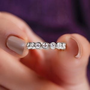3.0mm Round Cut Moissanite Wedding Band Bezel Setting Vintage Style Full Eternity Band 950 Platinum Wide Stackable Anniversary Band For Her