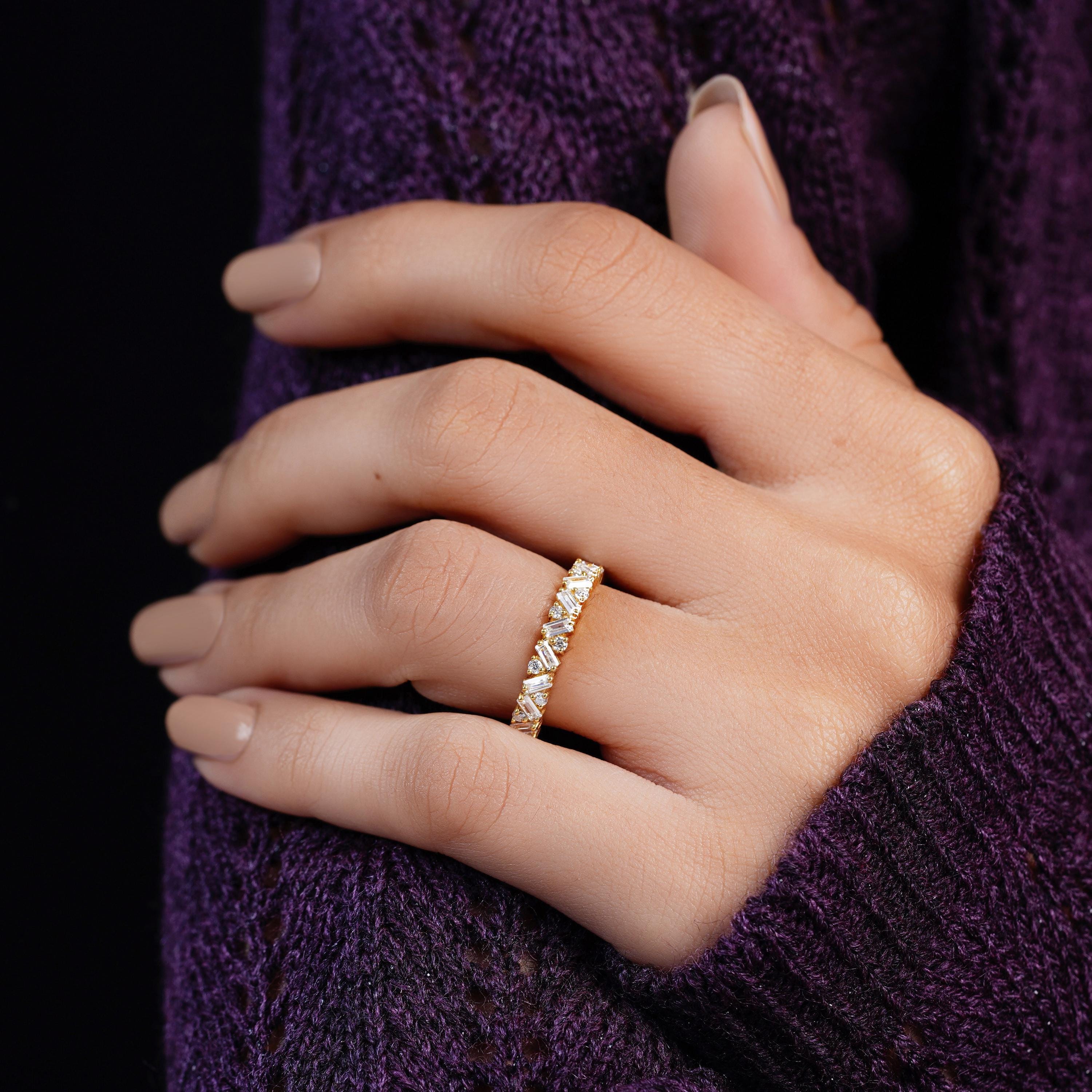 Moissanite Half Eternity Ring, 14K Gold Baguette Wedding Band - Etsy