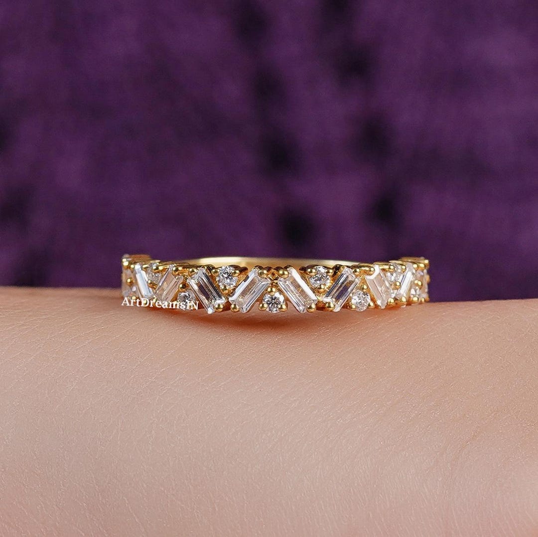 Moissanite Half Eternity Ring, 14K Gold Baguette Wedding Band - Etsy