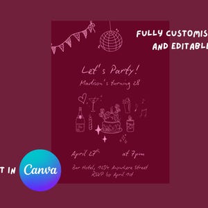 Convite de aniversário vermelho e rosa | Convite ilustrado para festa de aniversário | Cartão retrô | Modelo editável