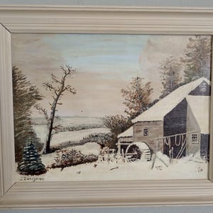 Vintage Winter Landscape Painting Signed 1968 | Dutch Artist | Snowy Countryside Scene | Original Oil on Canvas | Rustic Wall Art