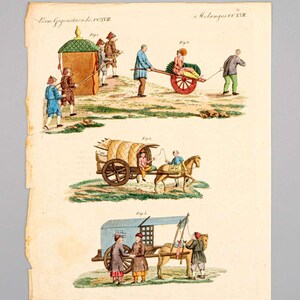 Antike kolorierte Kupferstich-Tafel – China Fuhrwerke – Bertuch Bilderbuch für Kinder, ca. 1770