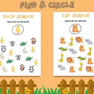 Find and Circle, Visual search game for kids, Preschool circle and find activity, Search and Circle, Animal matching game, Printable game