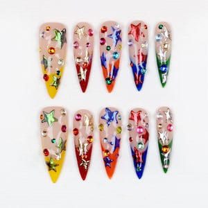 Rainbow Gothic Chrome Press On Nails: 3D Star Punk Rock Nail Art