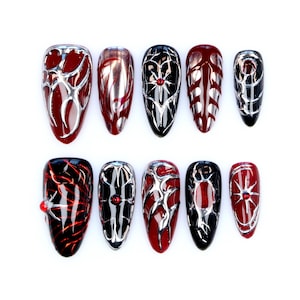 Handmade Gothic Chrome Press On Nails: 3D Punk Rock Nail Art