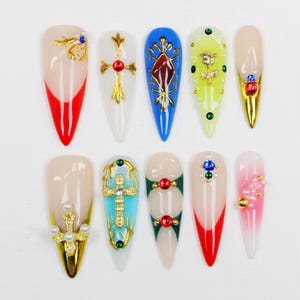 Luxury Gold Cross Press On Nails: French Tip Stiletto, Handmade