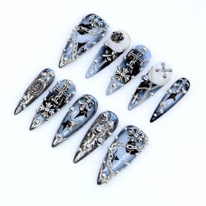 Handmade Gothic Chrome Press On Nails: 3D Punk Rock Nail Art