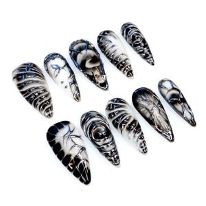 Handmade Gothic Chrome Press On Nails: 3D Punk Rock Nail Art