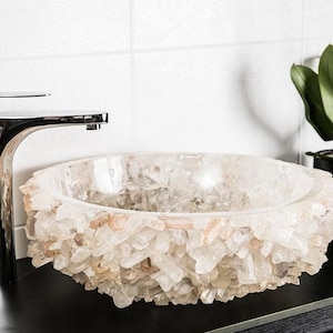 Stone Vessel Sink Rose Quartz Crystal Bathroom Basin Luxury Stone Vessel Vanity Decor, White Quartz Sink