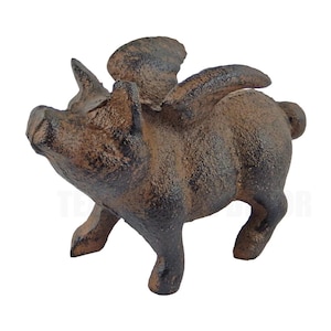Rustic Cast Iron Flying Pig Figurine – Brown Statue, Paperweight, Garden or Home Decor