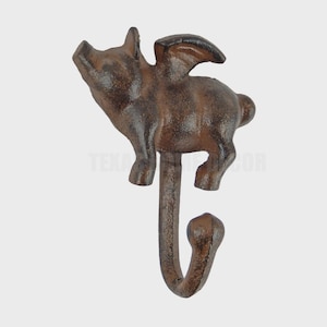 Rustic Cast Iron Flying Pig Wall Hook – Key Towel Coat Hanger Decor Brown