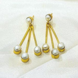 Minimalist Pearl Dangle Earrings: Gold Brass Geometric Jewelry