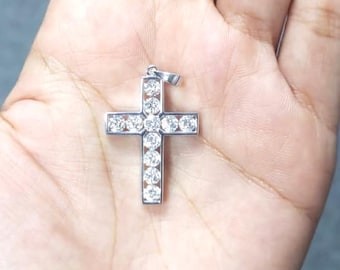 1.87 TCW Round Cut Moissanite Wedding Pendant Solid 14k White Gold, Lab Grown Diamond Cross Pendant, Christmas Gift For Her, Pendant Gift