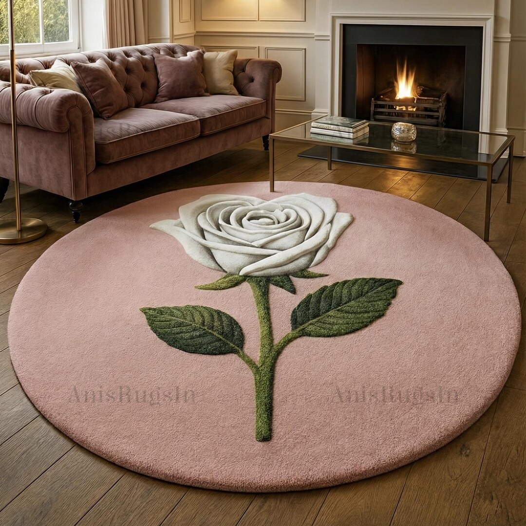 Round Pink Floral Rose Rug, Hand Tufted Flower Area Rug, Modern Luxury ...