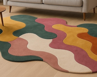 Handgetuft vloerkleed, golvend vloerkleed modern abstract vloerkleed, kleurrijk vloerkleed, vloerkleed met onregelmatige vorm, vloerkleed met organische vorm aangepast formaat vloerkleed