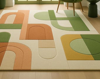 Hand Tufted Rug Modern Abstract, High Low Pile Wool Rug, Embossed Rug, Geometric Rug in Green Mustard Terracotta Tones, Area Rug
