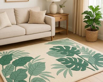 Monstera Leaf Hand Tufted Wool Rug | Green Botanical Tropical | 100% Pure Wool | Modern Living Room Rug | Nature Inspired Area Rug