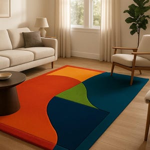May include: A modern area rug with a bold, abstract design. The rug features a vibrant color palette of orange, green, and navy blue, creating a striking visual contrast. The rug is rectangular, with a solid navy blue border.