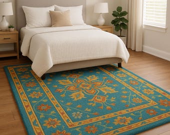 Alfombra tejida a mano con diseño floral en tonos verde azulado y dorado, de lana, 5x8 pies.