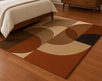 Modern Geometric Hand Tufted Wool Rug – Abstract Brown & Beige Curved Area Carpet for Living Room, Bedroom  Minimalist Home Decor