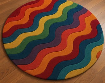 Handgetufteter Wollteppich: Regenbogen Wellen Design, Moderne Kunst