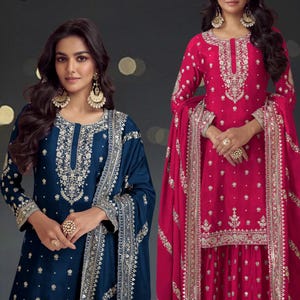 Semi Chinon Silk Suit Material with Multi, Jari and 3mm Sequence Embroidery Work | Palazzo and Dupatta Set | Size Up to 60&quot; | Ethnic Wear
