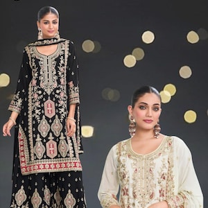 Heavy Chinon Suit with Multi Thread, Zarkan and 3mm Sequence Work | XL and XXL Sizes | Attached Crepe Inner | Elegant Party Wear
