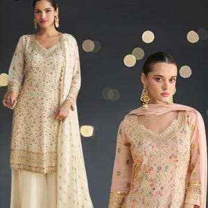 Georgette Embroidered Suit with Zari, Thread and Sequence Work | Stitched Top and Bottom with Dupatta | Size Up to 42&quot; | Ready to Wear