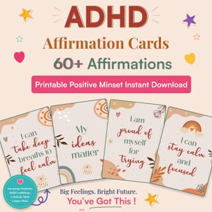 ADHD-bevestigingskaarten, Neurodivergent Mental Health-deck, 60+ afdrukbare zelfzorgkaarten, Executive Dysfunction Tools, Instant Download
