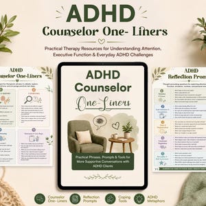 ADHD Therapy Tools & Cheat Sheets, Counselor One-Liners, Executive Functioning Worksheets, Neurodivergent Coping Skills, Printable PDF