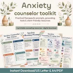 May include: Anxiety counselor toolkit digital download featuring four printable counseling resources. The documents include Anxiety Counselor One Liners, Anxiety Reflection Prompts, Anxiety Grounding & Coping Tools, and Anxiety Analogy cards in US Letter size.