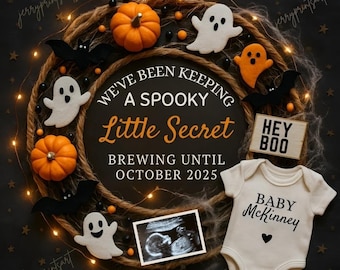 May include: Halloween-themed pregnancy announcement with a circular rope design. The text reads "We've been keeping a spooky little secret brewing until October 2025." Includes pumpkins, ghosts, bats, a sonogram, and a onesie that says "Baby McKinney."