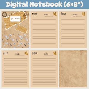 Könnte beinhalten: Digitales Notizbuch im Vintage-Design. Das Cover zeigt zerrissenes Papier, eine Uhr und florale Akzente. Die Seiten sind liniert und bieten Platz für Notizen und Daten. Das Notizbuch misst 15,24 x 20,32 cm.