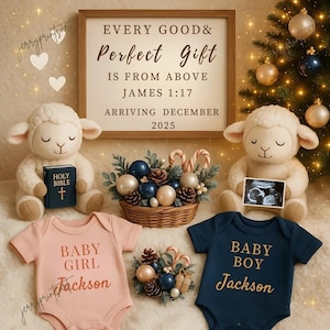Puede incluir: Anuncio de embarazo festivo con un letrero de madera, dos ovejas de peluche y ropa de bebé. El letrero dice "Every Good & Perfect Gift Is From Above, Arriving December 2025." Los bodies son rosas y azul marino, con "Baby Girl Jackson" y "Baby Boy Jackson".