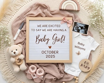 Girl Pregnancy Announcement Digital | Baby Girl Reveal Editable Canva Template | Pink Teddy Bear Baby Announcement | Instant Download