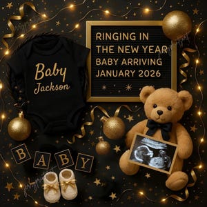 Może przedstawiać: Czarny pajacyk dla dziecka ze złotym napisem "Baby Jackson", otoczony złotymi ozdobami, klockami z napisem "BABY" i bucikami. Miś trzyma zdjęcie USG. Na tablicy napis: "Ringing in the New Year Baby Arriving January 2026".