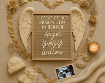 Anúncio de perda de gravidez Angel Baby – Modelo digital de aborto espontâneo, revelação de perda de bebê, homenagem memorial, postagem editável para mídia social.