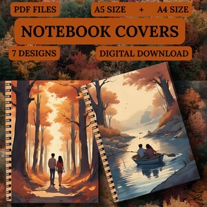 May include: Notebook covers with autumn-themed illustrations. The covers feature couples in scenic settings, including a forest path and a boat on a lake. Text on the image reads "PDF FILES", "A5 SIZE + A4 SIZE", "NOTEBOOK COVERS", "7 DESIGNS", and "DIGITAL DOWNLOAD".