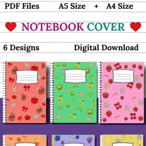 May include: Notebook covers with fruit designs. The covers are in various colors, including red, green, pink, orange, purple, and yellow. Each cover features a different fruit pattern, such as watermelons, kiwis, strawberries, apples, pumpkins, blueberries, grapes, and bananas.