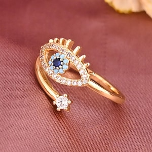 Blue Evil Eye CZ Gold Ring, Adjustable Brass Enamel Ring, Dainty Protection Jewelry, Lucky Charm Open Band Ring for Women