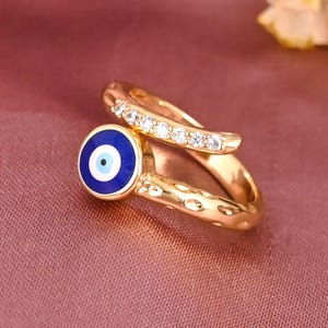 Evil Eye Enamel Ring with CZ, Adjustable Brass Gold Ring, Blue Enamel Protection Ring, Dainty Lucky Charm Jewelry for Women
