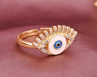 Evil Eye Ring, Gold Plated Brass, CZ Enamel, Adjustable Band