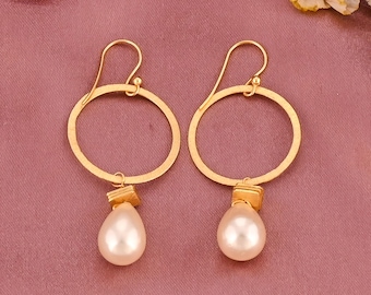 Pearl Gold Hoop Earrings, Brass Jewelry, Minimalist Drop Earrings, Gift for Her, Boho Style Dangle Earrings