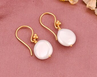 Handmade Freshwater Pearl Drop Earrings, Gold Plated Brass Dangles, Boho Minimalist Jewelry Gift for Her