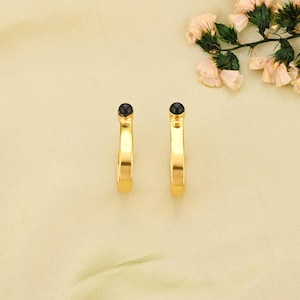 Gold Plated Black Onyx Half Hoop Earrings | 925 Sterling Silver | Dainty Statement Hoops | Minimal Gemstone Jewelry | Gift for Her