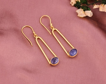 Handmade Gold Plated Tanzanite Drop Earrings | Long Brass Dangle Jewelry