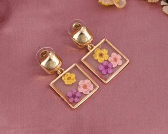 Pressed Flower Earrings, Square Brass Resin Dangle Earrings, Botanical Jewelry