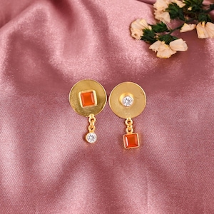 Mismatched Carnelian CZ Earrings | Gold Plated Brass Studs